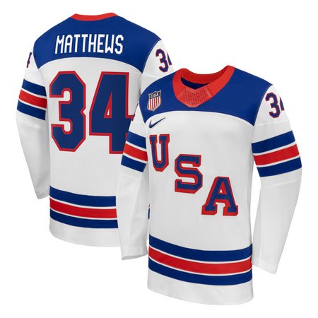 Men's USA Hockey #34 Auston Matthews White 2026 Away Replica Jersey