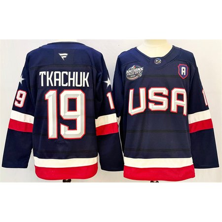 Men's USA #19 Matthew Tkachuk Navy 2025 With A Patch 4 Nations Face-Off Stitched Jersey