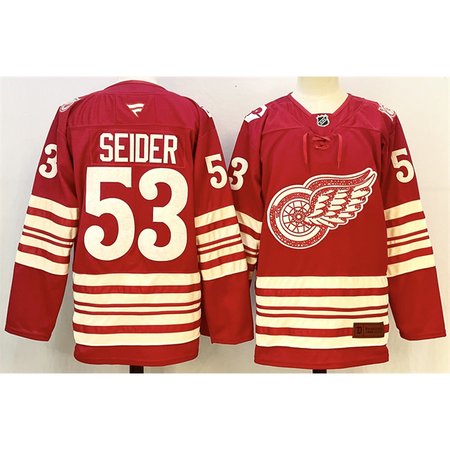 Youth Detroit Red Wings #53 Moritz Seider Red 2025-26 Centennial Premium Stitched Hockey Jersey