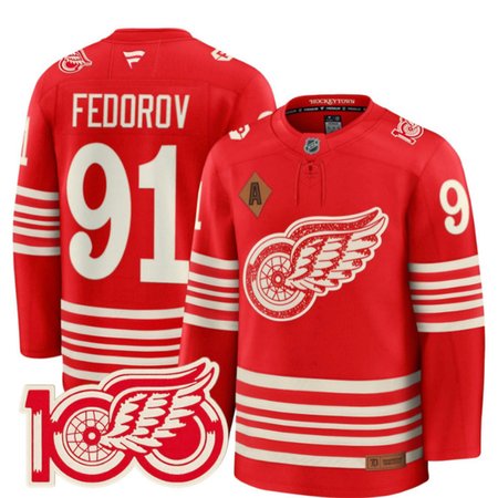 Youth Detroit Red Wings #91 Sergei Fedorov Red 2025 Centennial Premium With 100 and P Patch And A Patch Stitched Hockey Jersey