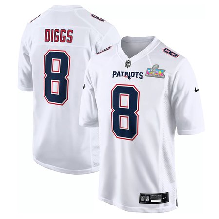 Men's New England Patriots #8 Stefon Diggs White Super Bowl LX Patch Tundra Fashion Game Jersey