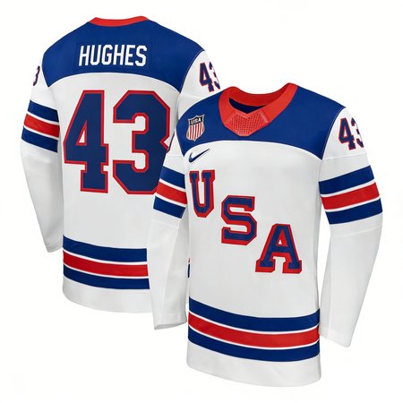 Men's USA Hockey #43 Quinn Hughes White 2026 Home Replica Jersey
