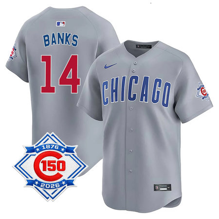 Men's Chicago Cubs #14 rnie Banks Grey Nike Road Vapor Limited 150th Anniversary Authentic Lettering Jersey
