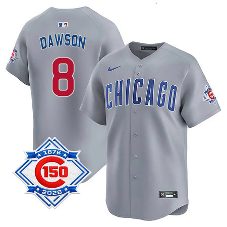 Youth Chicago Cubs #8 Andre Dawson Grey Nike Road Vapor Limited 150th Anniversary Authentic Lettering Jersey