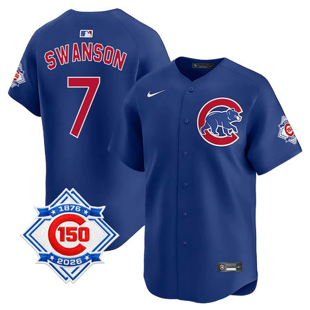 Men's Chicago Cubs #7 Dansby Swanson Royal Nike Alternate Vapor Limited 150th Anniversary Authentic Lettering Jersey