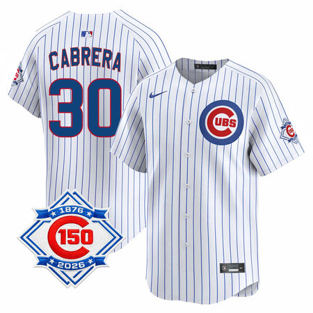 Men's Chicago Cubs #30 Edward Cabrera White Nike Home Vapor Limited 150th Anniversary Authentic Lettering Jersey