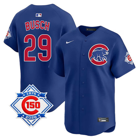 Men's Chicago Cubs #29 Michael Busch Royal Nike Alternate Vapor Limited 150th Anniversary Authentic Lettering Jersey
