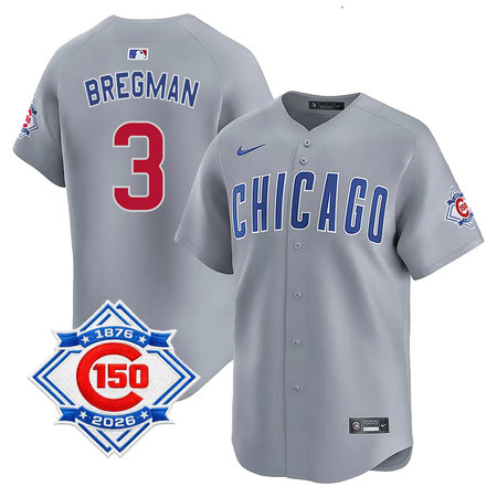 Men's Chicago Cubs #3 Alex Bregman Grey Nike Road Vapor Limited 150th Anniversary Authentic Lettering Jersey