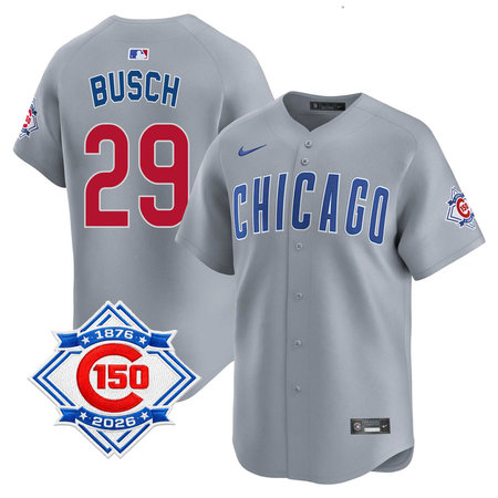 Men's Chicago Cubs #29 Michael Busch Grey Nike Road Vapor Limited 150th Anniversary Authentic Lettering Jersey