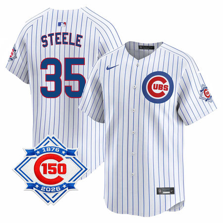 Youth Chicago Cubs #35 Justin Steele White Nike Home Vapor Limited 150th Anniversary Authentic Lettering Jersey