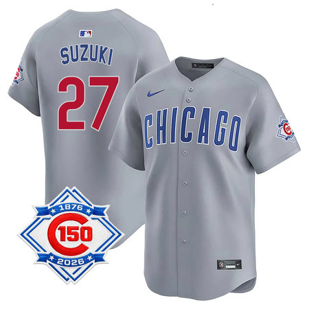 Men's Chicago Cubs #27 Seiya Suzuki Grey Nike Road Vapor Limited 150th Anniversary Authentic Lettering Jersey