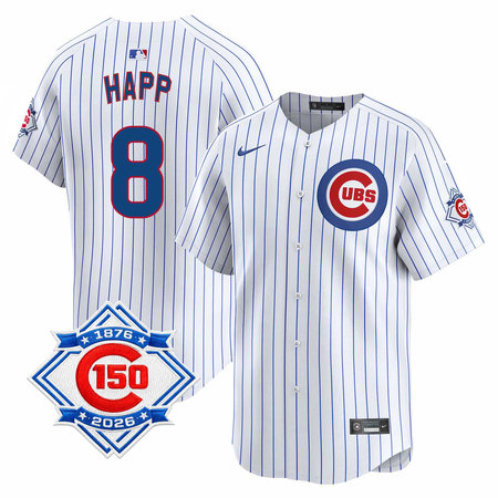 Men's Chicago Cubs #8 Ian Happ White Nike Home Vapor Limited 150th Anniversary Authentic Lettering Jersey