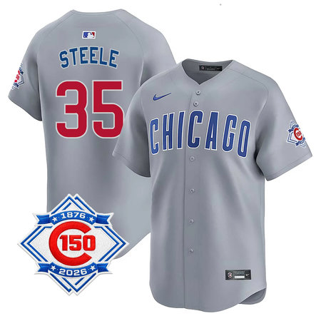 Youth Chicago Cubs #35 Justin Steele Grey Nike Road Vapor Limited 150th Anniversary Authentic Lettering Jersey