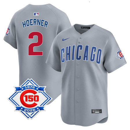 Men's Chicago Cubs #2 Nico Hoerner Grey Nike Road Vapor Limited 150th Anniversary Authentic Lettering Jersey