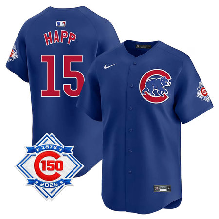 Youth Chicago Cubs #15 Ian Happ Royal Nike Alternate Vapor Limited 150th Anniversary Authentic Lettering Jersey