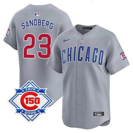 Youth Chicago Cubs #23 Ryne Sandberg Grey Nike Road Vapor Limited 150th Anniversary Authentic Lettering Jersey