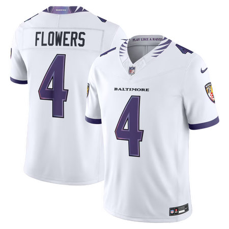 Men's Baltimore Ravens #4 Zay Flowers Nike White Vapor F.U.S.E. Sewn Down Limited Jersey