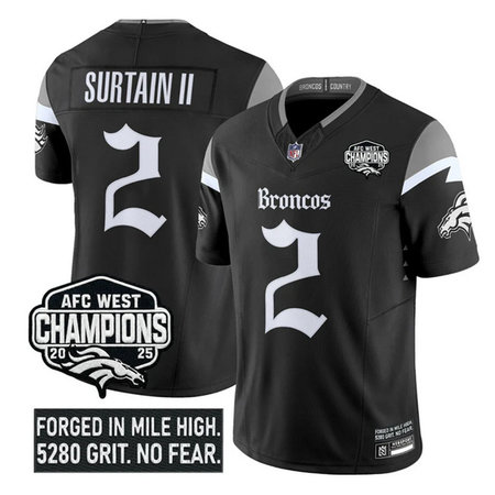 Men's Denver Broncos #2 Patrick Surtain II Black F.U.S.E 2025 Afc West Champions Patch "Gothic Mile High Shadows Edition" Vapor Limited Stitched Football Jersey