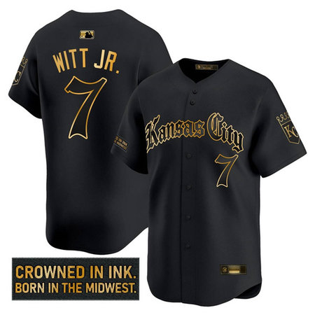 Men's Kansas City Royals #7 Bobby Witt Jr. Black "Gothic Crown Edition" Vapor Limited Stitched Baseball Jersey