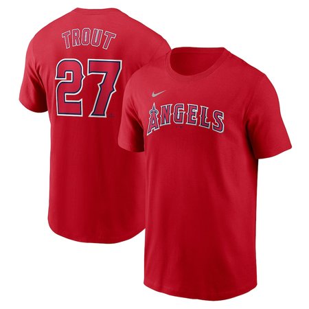 Men's Los Angeles Angels #27 Mike Trout Nike Red Fuse Name & Number T-Shirt
