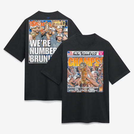 Men's New York Knicks x New York Post Black 2026 NBA Finals Champions Newspaper Cover Heavyweight T-Shirt