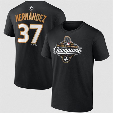 Men's Los Angeles Dodgers #37 Teoscar Hernandez Black 2025 World Series Champions Name & Number T-Shirt