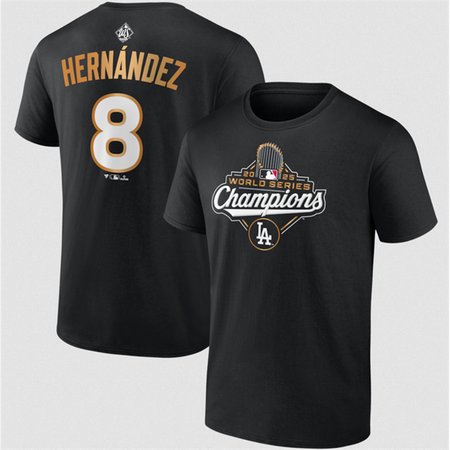 Men's Los Angeles Dodgers #8 Enrique Hernandez Black 2025 World Series Champions Name & Number T-Shirt