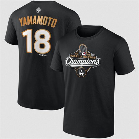 Men's Los Angeles Dodgers #18 Yoshinobu Yamamoto Black 2025 World Series Champions Name & Number T-Shirt