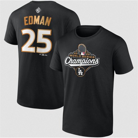 Men's Los Angeles Dodgers #25 Tommy Edman Black 2025 World Series Champions Name & Number T-Shirt