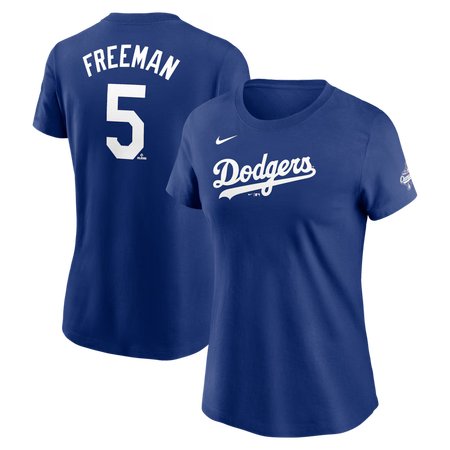 Women's Los Angeles Dodgers #5 Freddie Freeman Nike Royal 2025 World Series Champions Name & Number T-Shirt