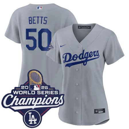 Women's Los Angeles Dodgers #50 Mookie Betts Nike Gray 2025 World Series Champions Home Replica Jersey