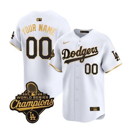 Men's Los Angeles Dodgers Custom Nike White Golden 2025 World Series Champions Home Limited Jersey