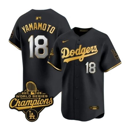 Men's Los Angeles Dodgers #18 Yoshinobu Yamamoto Nike Black Golden 2025 World Series Champions Home Limited Jersey