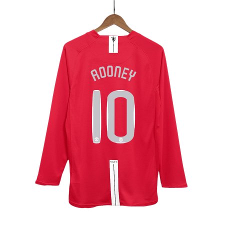 Men's ROONEY #10 Manchester United Home Long Sleeve Retro Soccer Jersey - UCL Final 2007/08